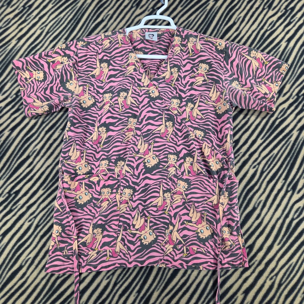 Betty Boop Pink Zebra Print Scrub Top Mock Wrap V-Neck Medical Uniform Medium